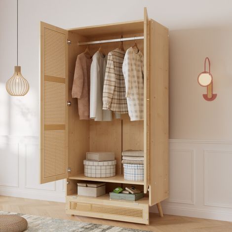 Armoire 2 portes en rotin naturel et panneaux de particules avec penderie et couvercle rabattable 90x45x183cm (1/5)