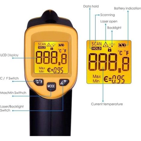 Thermomètre infrarouge laser numérique sans contact Thermomètre à viande Pistolet de température -58 ℉ 716 ℉ (-50 ℃ 380 ℃) Sonde de température pour la cuisson/air/réfrigérateur (1/3)