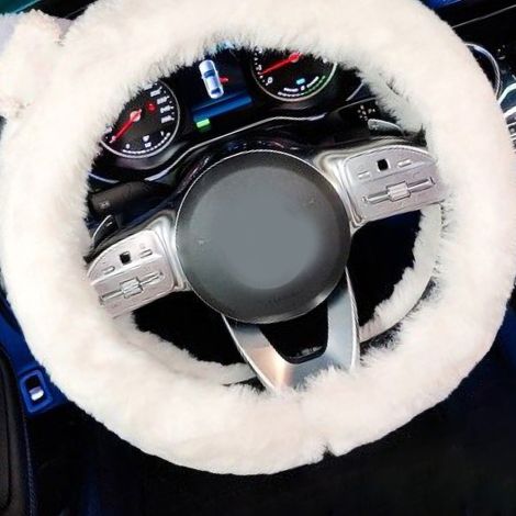 Housse de volant en peluche douce et chaude de 38 cm (15 pouces), antidérapante et élégante, pour voiture de type 1 (blanche). (1/4)