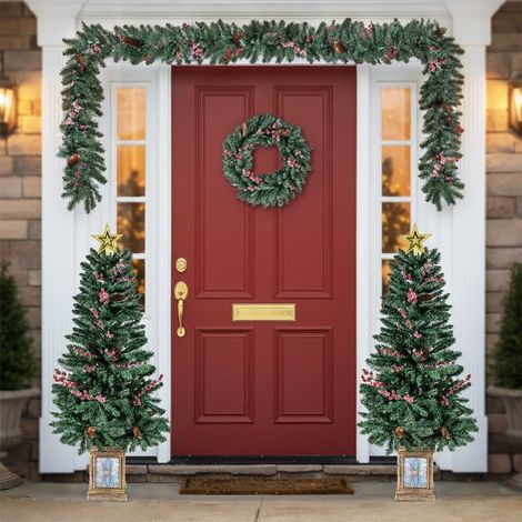 Lot de 2 Arbres d'Entrée avec Guirlande et Couronne Ensemble de 4 Sapins de Noël en Pot avec Pommes de Pin Baies Rouges Givrée Vert (1/5)