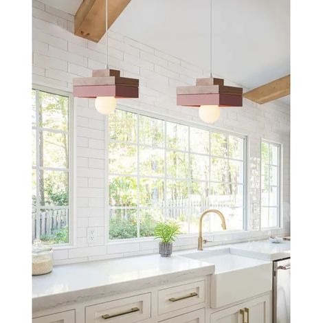 Lot de 4 Moderne Lustre Suspension en Carré 18cm,Lampe de Plafond Vintage en Bois E27 Suspension Luminaire Industriel,Rose (1/5)
