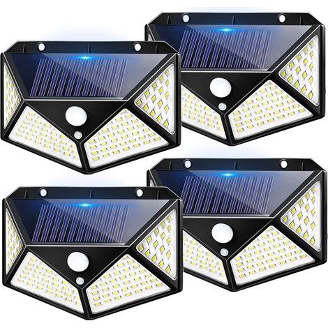 Paquete de 4 luces solares para exteriores, 100 LED, 1600 lúmenes, ángulo de haz de 270°, sensor de movimiento de 5 m, resistencia al agua IP65. (1/5)