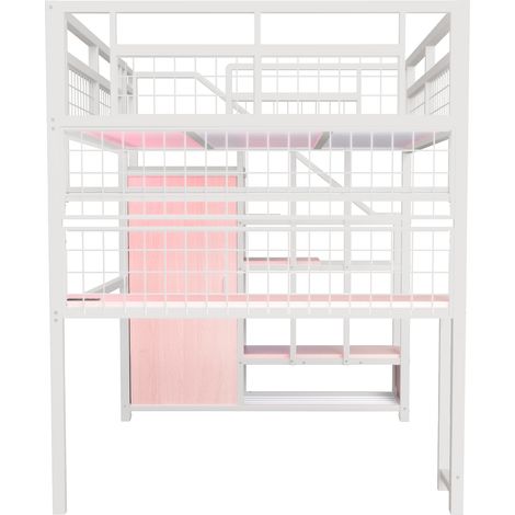 Lit mezzanine métallique 140 x 200 cm avec escalier de rangement, armoire intégrée, bureau, étagère réseau, bande lumineuse et prise - Blanc sans matelas (1/5)