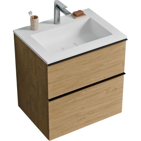 BERNSTEIN - Mobile lavabo sospeso MDF Rovere Miele, lavello Ghisa Bianco Opaco + foro rubinetto, maniglia Antracite Opaco - 60x46x62cm - LAVOA	Antracite opaco, Rovere Miele Oro, Bianco opaco con foro 