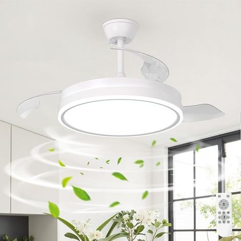 Ventilateur Plafond LED avec Telecommande, Silencieux Dimmable Lampe ventilateur de Plafond LED, Base en Métal, Cuivre Pur Moteur DC en Fort Débit D'air, Fonction mémoire, Certifié CE-RoHS, Blanc