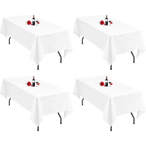 4er-Pack weiße Tischdecken, 153 x 260 cm, rechteckig, für 6-beinige Tische, waschbar, aus Polyestergewebe, ideal für Hochzeiten, Feiern und Bankette.