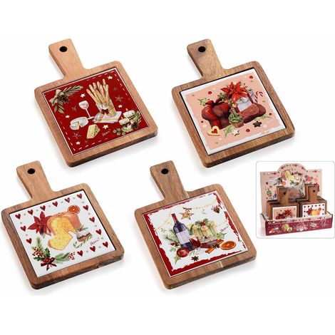 Taglieri a tema natalizio in legno di acacia e ceramica decorata a tema dolcetti di Natale in espositore da 12 pezzi, set da 12 pezzi, cm 12 x 18 H