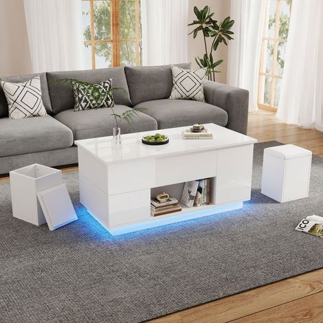 Table basse 100x50x50, finition brillante blanche Table basse salon, plateau relevable, 2 tiroirs, rangement intégré, LED, 2 poufs (1/5)