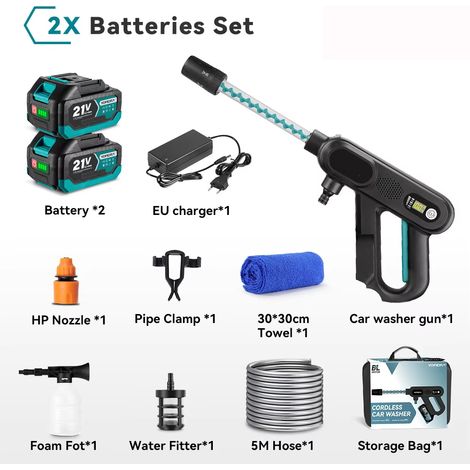 Laveur haute pression 220 bars portable – 3 modes, batterie Makita 21V – Coffret de 2 batteries inclus (1/5)