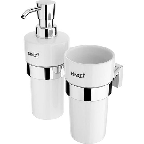 Nimco Keira - Dispensador de jabón y vaso con soporte, cerámica blanca/cromo KE 2205831KN-26