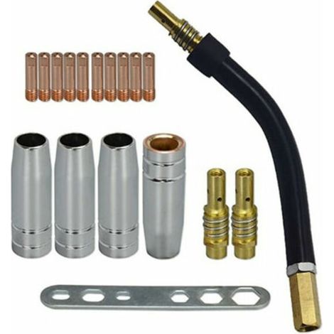 Kit accessoires pistolet MIG MB15AK, 18 pièces : contacteur 0,8 mm M6, diffuseur, buse de protection, col de pistolet et tôle, embouts et porte-embouts (1/5)