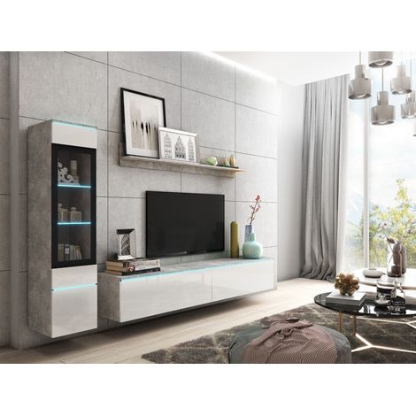 Bratex – Ensemble de meubles de salon VERA I – Vitrine 130 cm, meuble TV 180 cm, étagère 140 cm – Panneau laminé, verre trempé – Design moderne