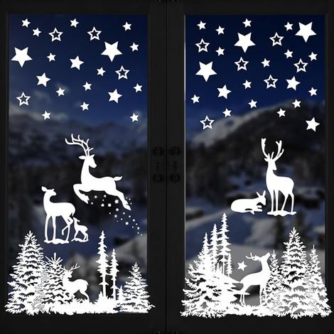 Autocollant Fenêtre, Autocollants Sapin de Fenetre Réutilisable Amovible pour Magasin Vitre Vitrine Porte, Grand Blanc Autocollants Hiver Étoiles Renne Sticker (1/5)