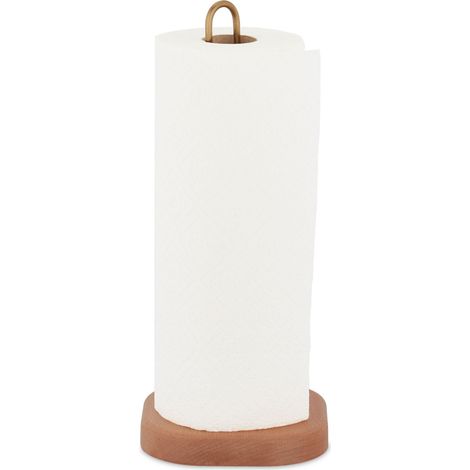 Relaxdays Portarotolo da Cucina, Porta Rotolone Carta Assorbente, in Legno e Ottone, HLP: 30,5x13x13 cm, Naturale Dorato