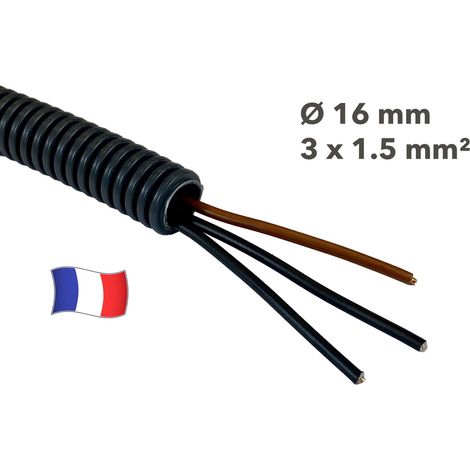 Gaine électrique préfilée 15 mètres diam 16 avec 3 fils Noir, Noir, Marron 1.5 mm² - PREFA ELEC (1/2)