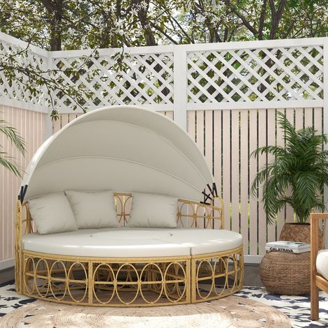 Isla de sol, conjunto de 4 piezas, toldo extensible, 5 cojines, aspecto de ratán, 178 cm de ancho x 85 cm de profundidad x 66,5 cm de alto, color beige. (1/5)
