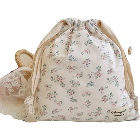 Bolsa de algodón con cordón, diseño floral hecho a mano, organizador multiusos, F (1/2)