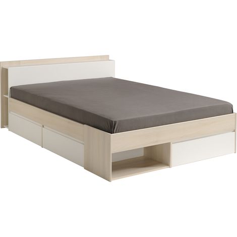 MUST Lit adulte avec tiroirs contemporain - Decor bois acacia et blanc - l 140 x L 190 / 200 cm (1/5)
