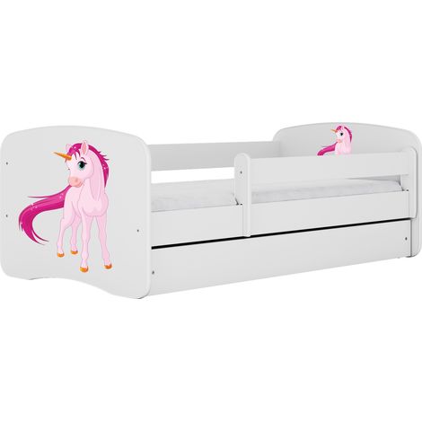Lit enfant 80x160 cm avec tiroir et barrière avec matelas blanc motif Licorne (1/5)