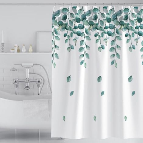 Rideau de douche 180x200 cm avec 12 crochets, tissu polyester imperméable à séchage rapide (feuilles vertes), lavable en machine, voilage de salle de bain (1/5)