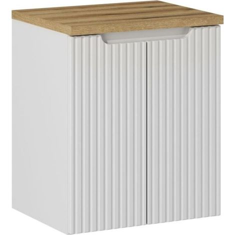 Set da bagno VANO bianco 50cm: mobile sotto lavabo con ante incise + piano per lavabo in aspetto rovere chiaro