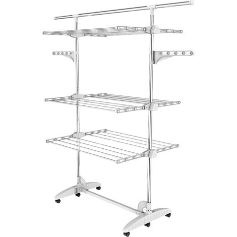 Todeco – Etendoir à linge pliable 3 étagères – Tubes en acier inoxydable – Charge max 3 kg par barre – Dimensions déployé 87,9 x 66 x 145 cm