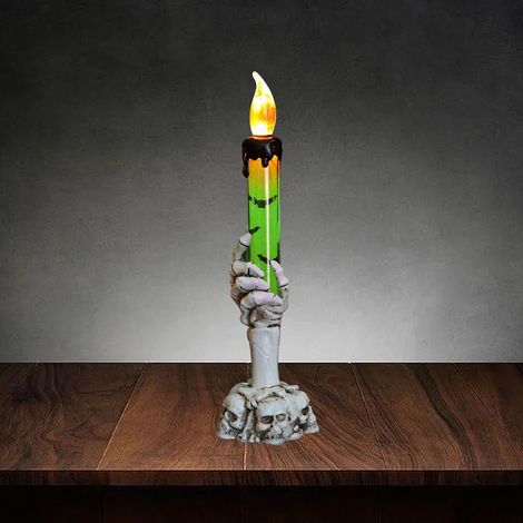 Bougie sans flamme Halloween, porte-bougie crâne squelette main fantôme, lampe LED décorative verte pour fête bar, ambiance effrayante, accessoire maison. (1/5)