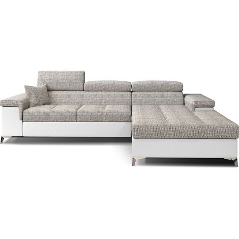 Canapé d'angle convertible Bi matière appuis-tête réglables RIKARO - Coffre et pieds acier chromé-Blanc/Gris chiné-angle droit (1/5)