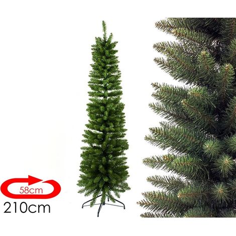 Albero di natale slim pino alto cm 210 artificiale verde stretto sottile verde folto apertura ad ombrello (1/4)