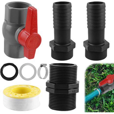 Robinet à boisseau sphérique avec raccord de tuyau, vanne d'arrêt de piscine en PVC, vanne à bille pour tuyaux avec 1 vanne d'arrêt filetage intérieur 1 1/4" (40 mm), 2 douilles de tuyau de 32 mm (1/5)