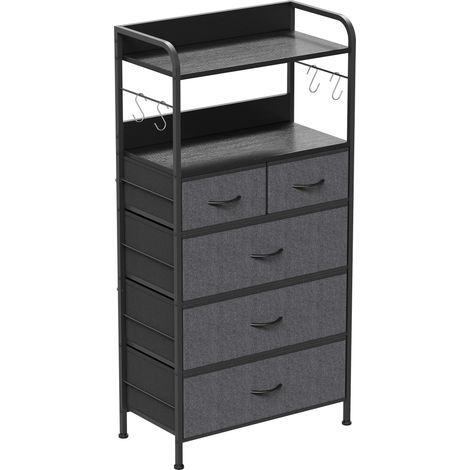 Commode 5 Tiroirs, Crochets, Étagères, 120x60x30cm, Rangement Entrée Chambre, Commode Chambre, Meuble Rangement, Tissu, Métal Gris
