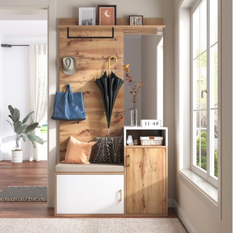 Mobile da ingresso con specchio, panca, scarpiera e appendiabiti, bianco e legno DESVIAE (1/5)