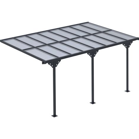 Pergola adossable aluminium 4,5x3 m toit polycarbonate anti-UV avec gouttière gris