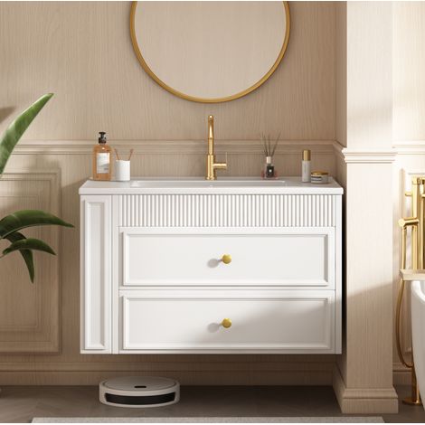 Meuble sous lavabo suspendu avec vasque en céramique 81 cm blanc OKMYHOME (1/5)