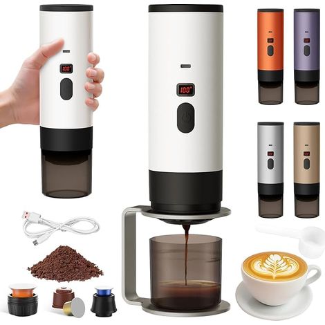 Machine a Cafe Portable avec Support,Nouveau Cafetière Portable 3 en 1,Affichage Intelligent Machine a Cafe,Rechargeable Cafetiere Electrique Compatible avec Cup et Café Moulu (Blanche-1) (1/5)