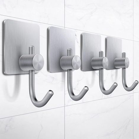 Ganchos cuadrados autoadhesivos para toallas - 4 ganchos resistentes para albornoces - se pueden pegar en el baño/cocina/dormitorio - no requiere taladrar - color plata (1/5)