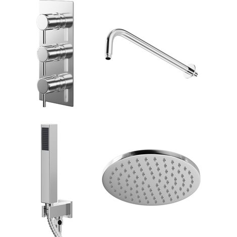 Circo Polished Chrome Triple Thermostatic Valve Mixer Shower with Round Fixed Head and Square Handset Outlet Holder - 2 Outlet (1/5)