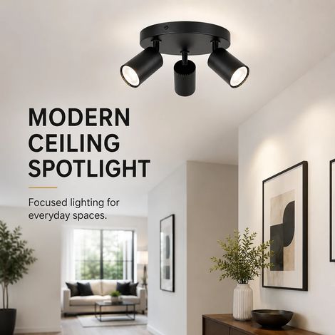 JOYINLED GU10-Deckenleuchte mit 3 Spots, verstellbare schwarze Leuchte, moderne runde Deckenlampe (Leuchtmittel nicht im Lieferumfang enthalten), für Küche, Flur, Wohnzimmer, Schlafzimmer (1/5)