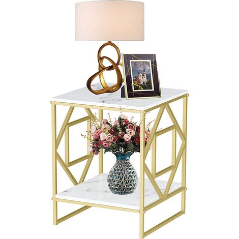 Mesa Auxiliar de Mármol UNHO, Mesita de Café Salón con Marco de Metal Dorado de Estilo Nórdica con 2 Niveles Mesita de Lámpara Suntuosa para Sala de Estar Dormitorio Balcón 40x 40 x 58,5 cm (1/5)