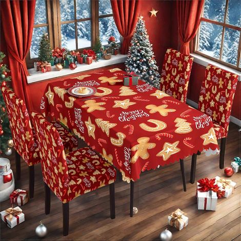 Ensemble nappe et housse de chaise imprimé bonhomme en pain d'épice pour Noël 2025, housse de chaise en soie de lait tout compris TC-251 (140 x 210 cm, imperméable) (1/4)