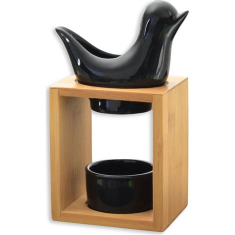 Brûle Parfum Birdy Noir - Brûleur Fondant Cire Parfumée – Diffuseur Huile Essentielle et Parfum Maison – Bougeoir Aromathérapie porte Bougie en Bois et Céramique Décoratif - Hauteur: 13 cm (1/5)