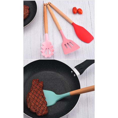 Set de 12 ustensiles de cuisine en silicone violet, manches en bois, kit de cuisson coloré (1/5)