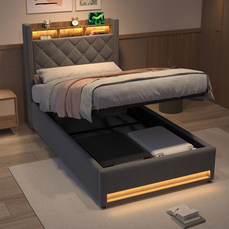 Letto multifunzione grigio 90x190 cm con illuminazione LED, porte USB e vano portaoggetti sotto il letto, reticolo a doghe stabile per un sonno confortevole (1/5)