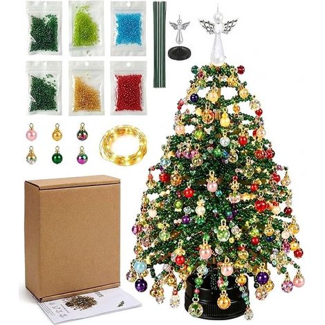 Kit de bricolage pour sapin de Noël en perles - 10 x 20 cm - Multicolore - Mini sapin de Noël - avec lumières LED et décorations (1/5)