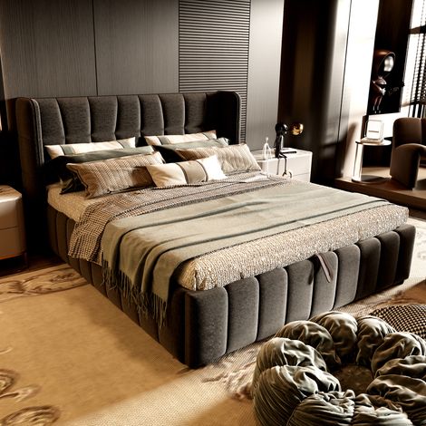 Lit double rembourré 180x200 cm avec sommier à lattes et tête de lit, rangement pneumatique intégré, parure en lin gris, idéal adulte et ado, mécanisme de levage inclus (1/5)
