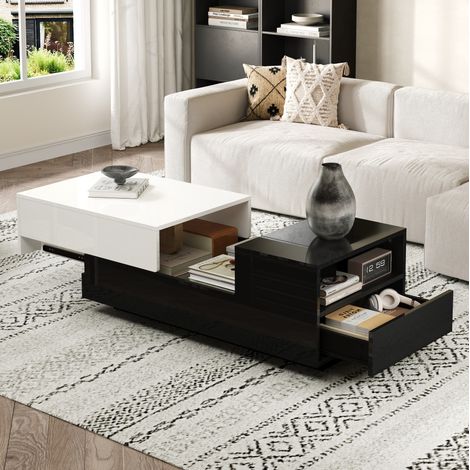 Mesa de centro 100 x 50 x 38 cm con 2 cajones y almacenamiento, negro y blanco DESVIAE (1/5)