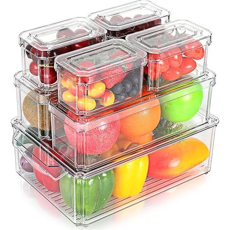 QAZQA Organisateur Frigo Lot de 7, Rangement Refregerateur, Boite de Rangement Frigo Transparent, Bac de Rangement Frigo, Boite Rangement Frigo et Aliments, Empilable Organisateur Frigo pour Cuisine (1/5)