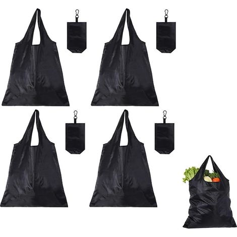 4 Pièces Sac de Courses Pliable et Réutilisable, Sacs Shopping Noir Léger, Étanche, Lavable (48 x 36,5 cm), pour Vos Courses, Voyages et Activités Quotidiennes, Reusable Shopper Bags (1/5)