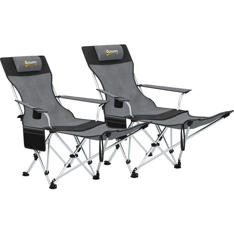 Outsunny Set of 2 Reclining Folding Camping Chair w/ Detachable Footrest, Storage Bag, Cup Holder & Headrest, Lightweight Portable Camp Chair for Beach, Picnic, Grey and Black (1/5)