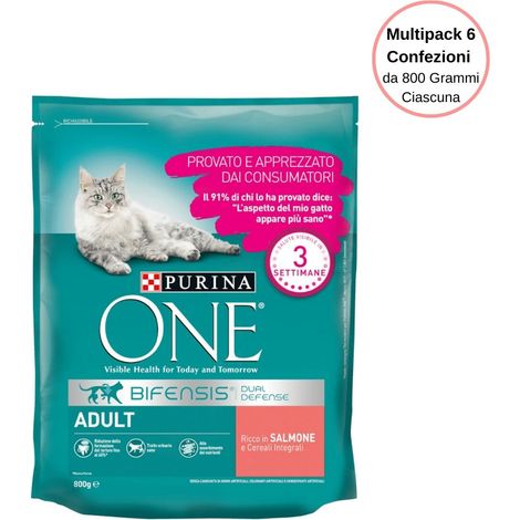 Purina one bifensis crocchette al salmone e cereali per gatto adulto multipack da 6 confezioni da 800 grammi ciascuna
